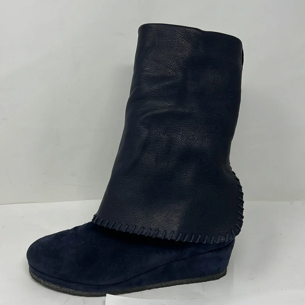 Michele Negri Sz 8.5 Blue Suede Low Wedge Whipstitch Trim Knee Boots